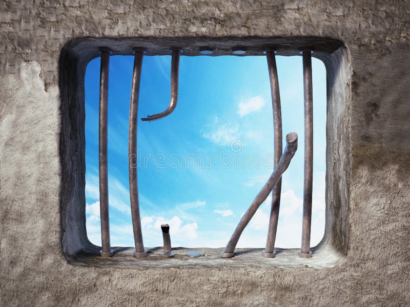Gevangeniscel met gebroken gevangenisbars op het venster 3D Illustratie stock illustratie Gevangeniscel met gebroken gevangenisbars op het venster 3D Illustratie stock illustratie