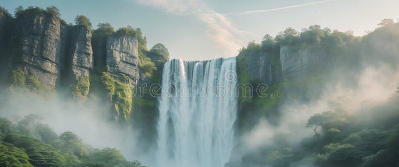 Gewaltiger Wasserfall, der Felswand hinabstürzt und von üppiger Vegetation umgeben ist stockfotografie