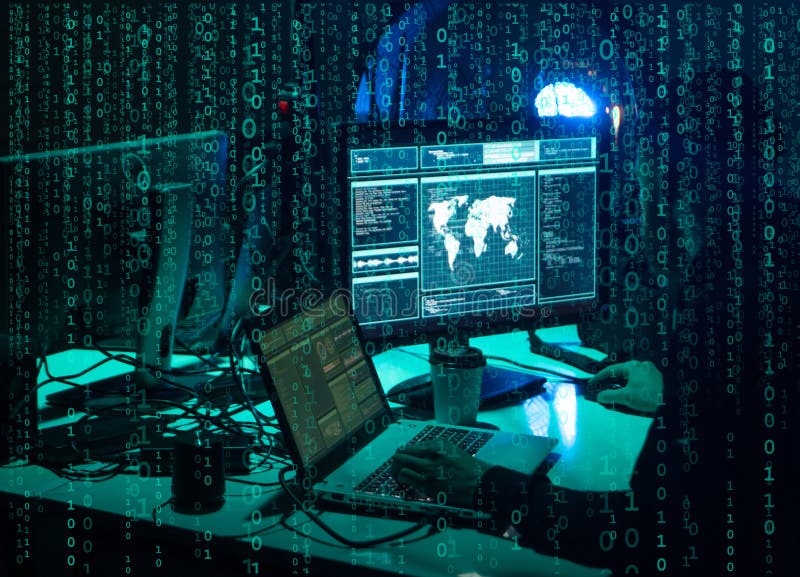 Gewilde hakkers die virus coderen die ransomware laptops en computers met behulp van Cyberaanval, systeem het breken en malware c royalty-vrije stock afbeelding Gewilde hakkers die virus coderen die ransomware laptops en computers met behulp van Cyberaanval, systeem het breken en malware c royalty-vrije stock afbeelding