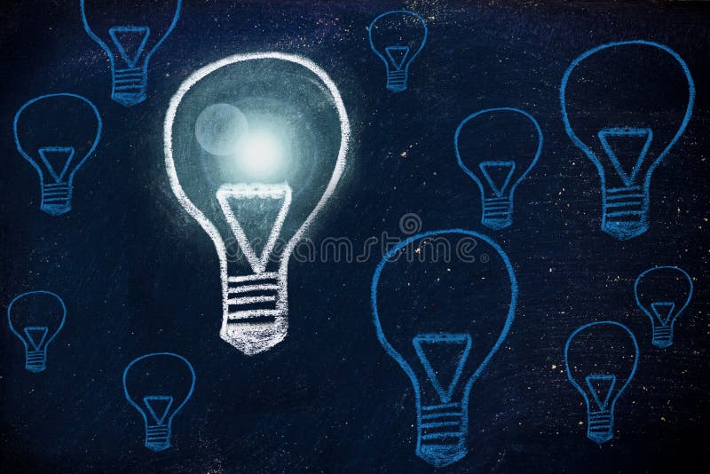 Gewinnende Idee, Kreideentwurf mit Glühlampen stock abbildung