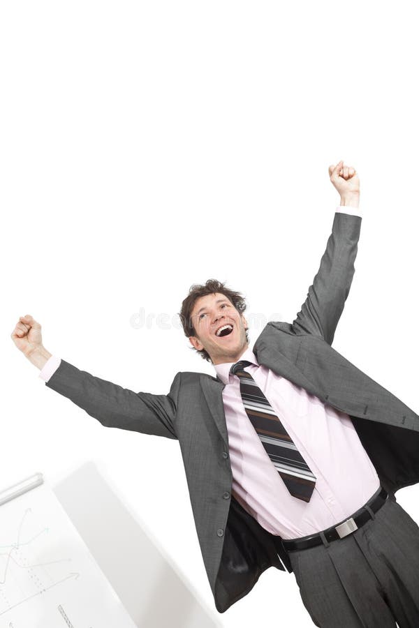 Portrait of happy young businessman standing in winning pose with hands raised, smiling. Isolated on white. Portrait of happy young businessman standing in winning pose with hands raised, smiling. Isolated on white.
