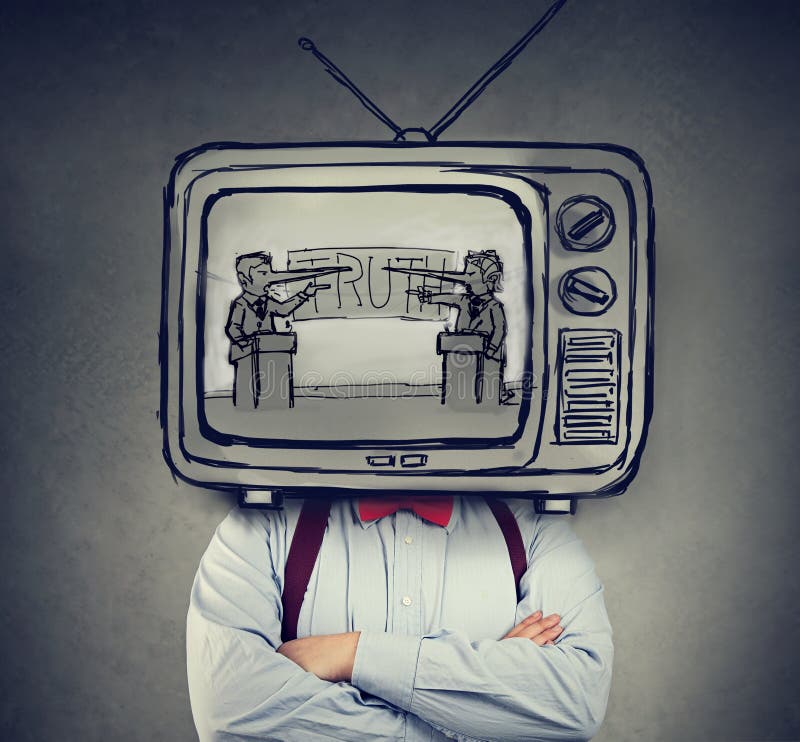 Addicted to fake news man with television instead of his head watching TV with two politicians, liar businessmen having a debate. Addicted to fake news man with television instead of his head watching TV with two politicians, liar businessmen having a debate