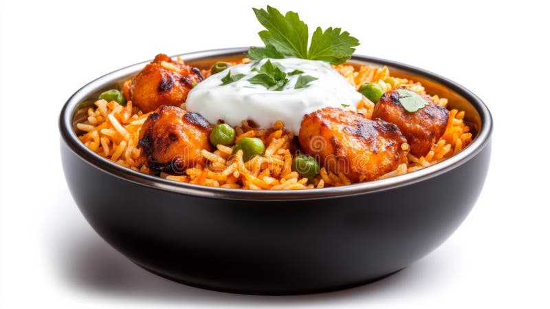 Gewürzhühner Biryani mit Jogurt Sauce und Kräuter vektor abbildung