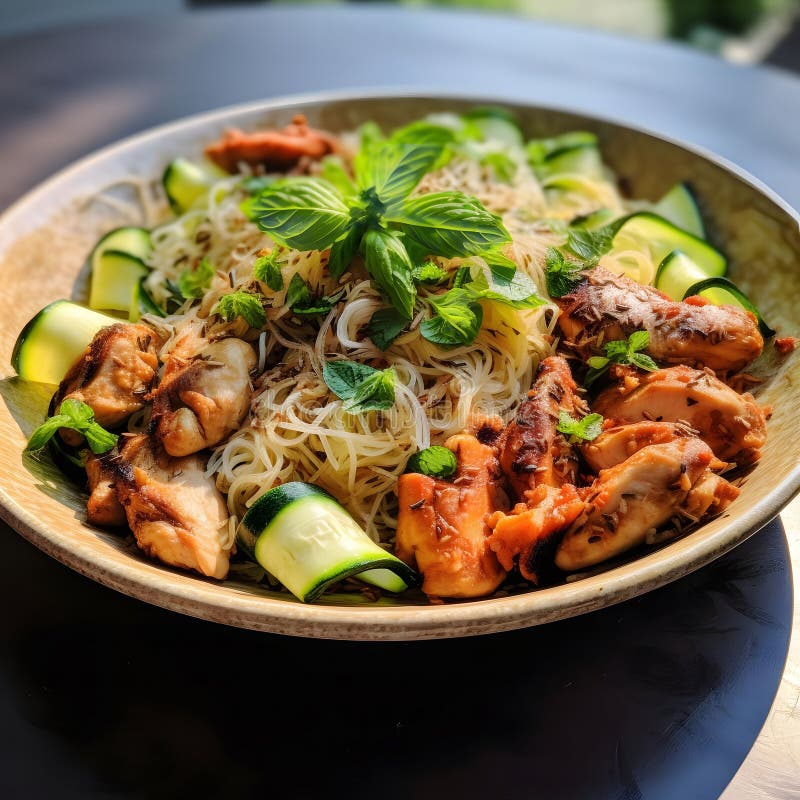Gewürzhühner und Zucchini-Nudeln mit Basil stock abbildung