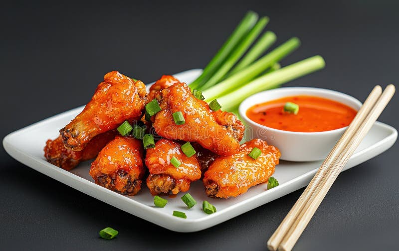Gewürzige Hühnerflügel mit Sauce und Chopsticks vektor abbildung