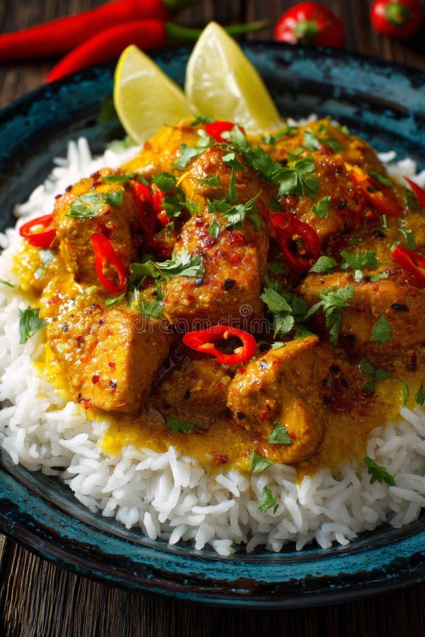 Gewürzter HühnerCurry mit Reis und Cilantro lizenzfreie abbildung