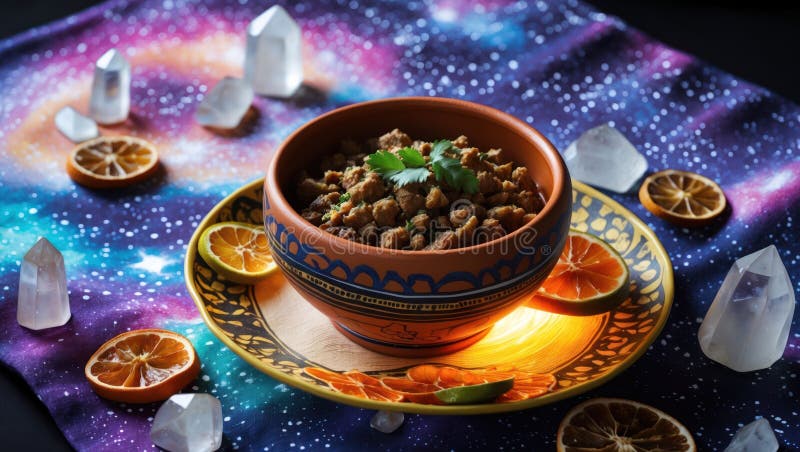 Gewürzter Hühnerstew in Clay Bowl mit Kristalldekor vektor abbildung