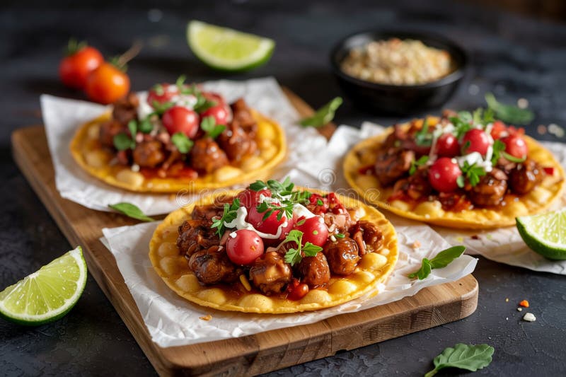 Gewürzter Hühnertostadas mit Kirschtomaten lizenzfreie abbildung