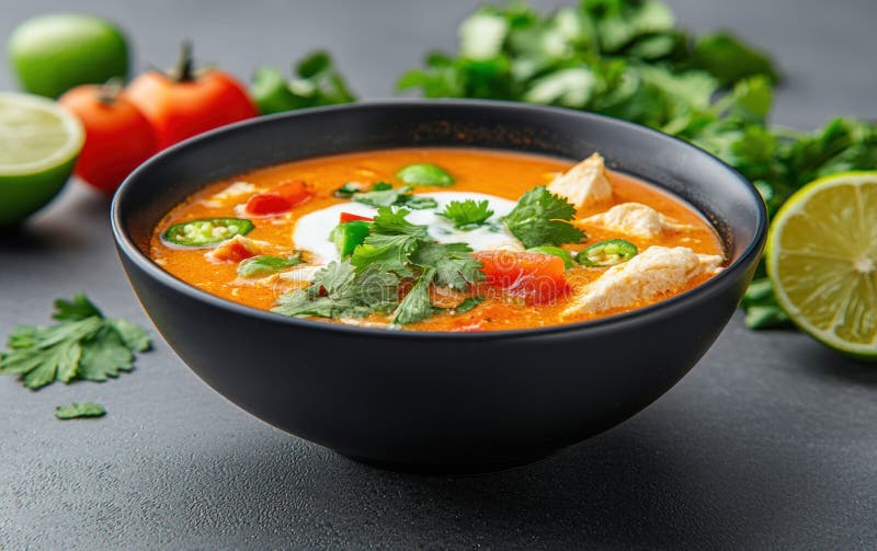 Gewürztes Huhn und Gemüsesuppe in einer schwarzen Schüssel lizenzfreie abbildung