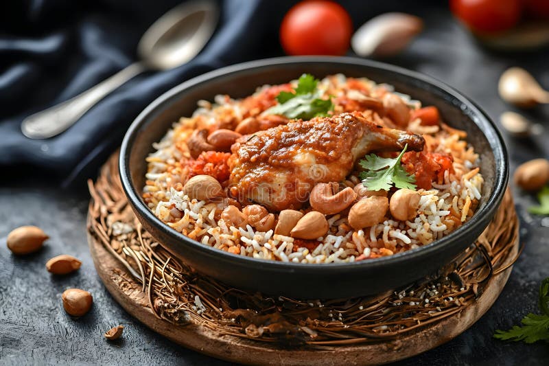 Gewürztes Hühnchen und Rice Disc Cashews Tomaten vektor abbildung