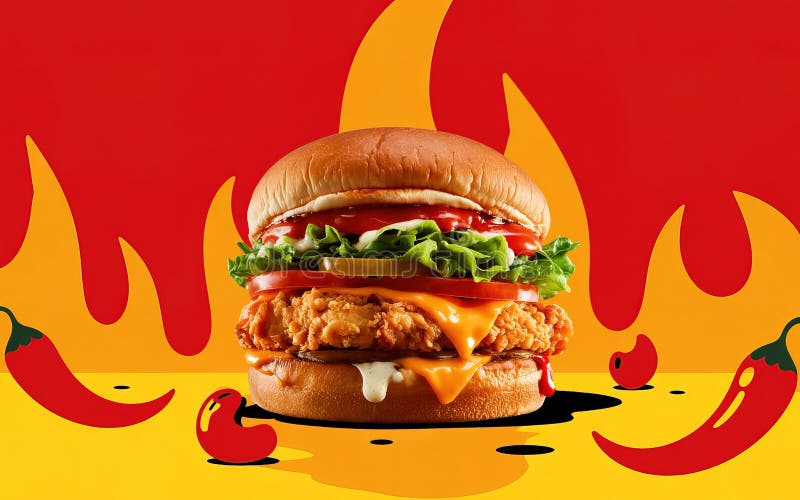 Gewürztes Hühnerburger mit Chili auf fiery Red and Yellow Background stock abbildung