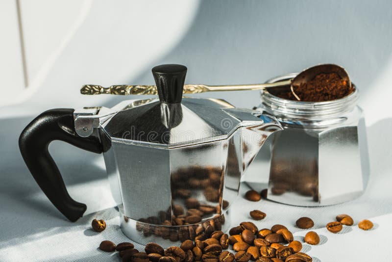 Geyser Coffee Maker. Making Coffee Set on the White Table Top View