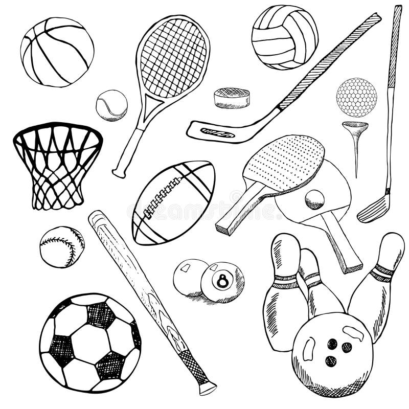 Gezeichnete Skizze der Sportbälle Hand stellte mit Baseball, Bowlingspiel, Tennisfußball, Golfbällen und anderen Sporteinzelteile stock abbildung Gezeichnete Skizze der Sportbälle Hand stellte mit Baseball, Bowlingspiel, Tennisfußball, Golfbällen und anderen Sporteinzelteile stock abbildung