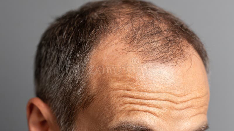 Gezicht van een man in focus met zichtbare haaruitval stock afbeelding