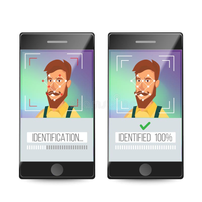 Gezichtserkenning, Mobiele Identificatievector Elektronische Controle Het gezichtsconcept van het erkenningssysteem beveilig stock illustratie Gezichtserkenning, Mobiele Identificatievector Elektronische Controle Het gezichtsconcept van het erkenningssysteem beveilig stock illustratie