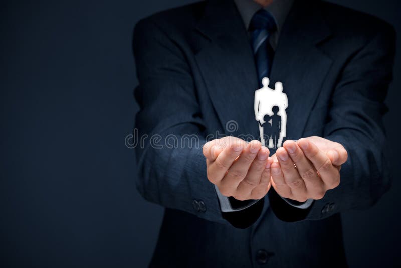 Family life insurance, family services, family policy and supporting families concepts. Businessman with protective gesture and silhouette representing young family. Family life insurance, family services, family policy and supporting families concepts. Businessman with protective gesture and silhouette representing young family.