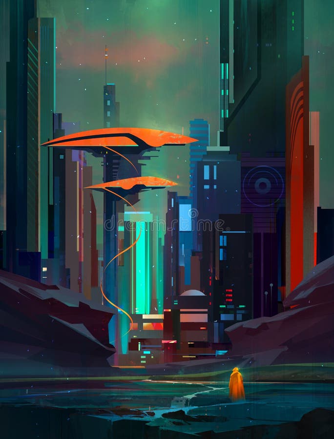 Gezogene fantastische Cyberpunklandschaft mit Wolkenkratzern und Reisendem vektor abbildung Gezogene fantastische Cyberpunklandschaft mit Wolkenkratzern und Reisendem vektor abbildung