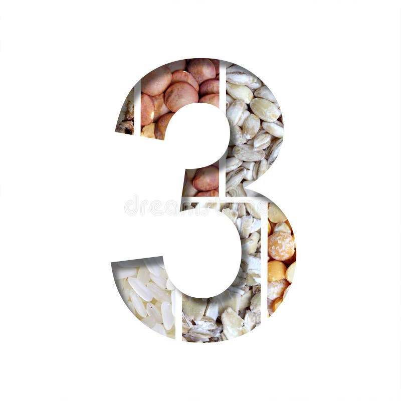 Healthy food font. Digit 3, three is cut from white paper on the background of healthy food from different cereals. Set of decorative fonts with food. Healthy food font. Digit 3, three is cut from white paper on the background of healthy food from different cereals. Set of decorative fonts with food.