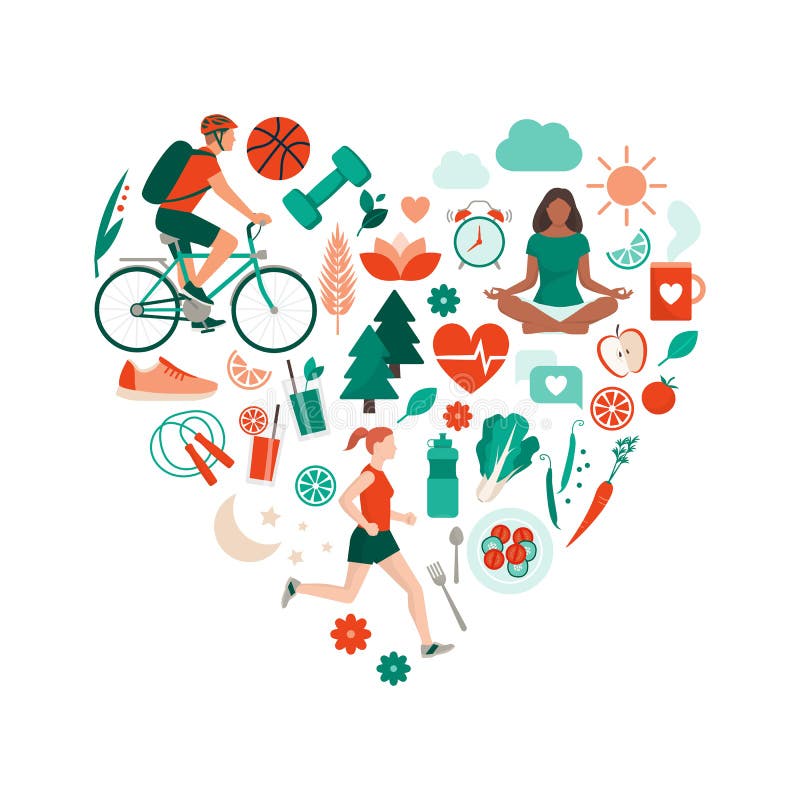 Healthy lifestyle and self-care concept with food, sports and nature icons arranged in a heart shape. Healthy lifestyle and self-care concept with food, sports and nature icons arranged in a heart shape