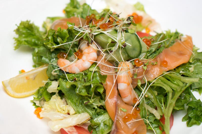Gezonde Saladeplaat Vers zeevruchtenrecept Geroosterde garnalen en verse groentesalade en kaviaar Gezond voedsel Hoogste mening royalty-vrije stock foto Gezonde Saladeplaat Vers zeevruchtenrecept Geroosterde garnalen en verse groentesalade en kaviaar Gezond voedsel Hoogste mening royalty-vrije stock foto