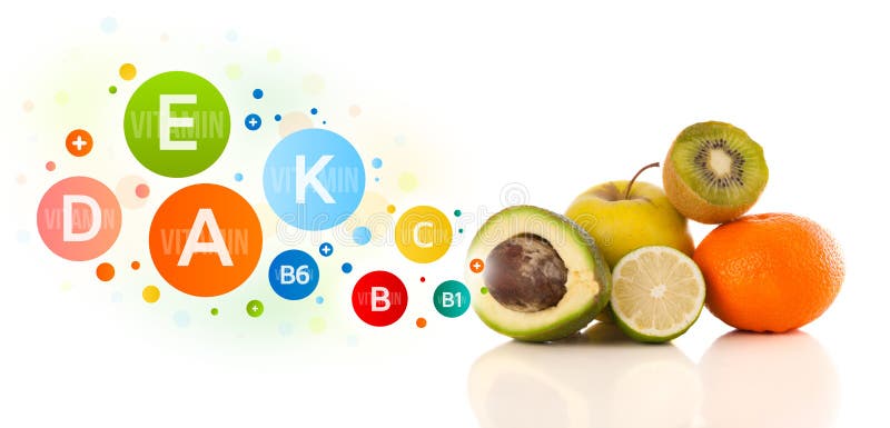 Gezonde vruchten met kleurrijke vitaminesymbolen en pictogrammen royalty-vrije stock foto Gezonde vruchten met kleurrijke vitaminesymbolen en pictogrammen royalty-vrije stock foto