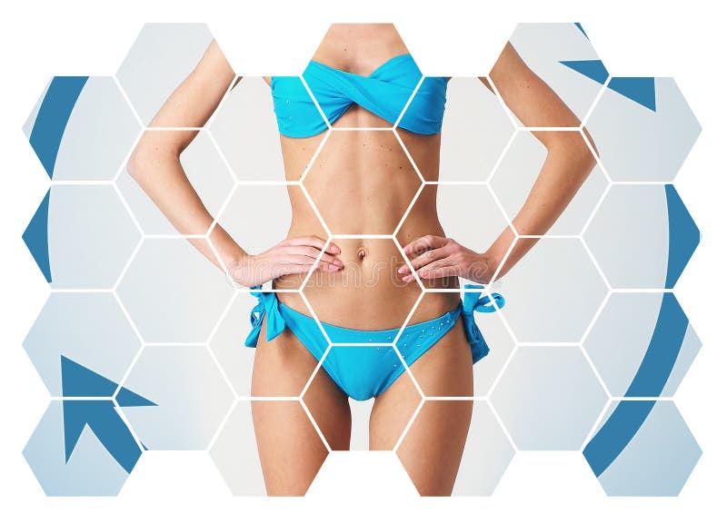 Gezondheidszorg, het op dieet zijn, sport en schoonheidsconcept Mooi vrouwelijk lichaam Vrouw in Zwempak royalty-vrije stock afbeeldingen Gezondheidszorg, het op dieet zijn, sport en schoonheidsconcept Mooi vrouwelijk lichaam Vrouw in Zwempak royalty-vrije stock afbeeldingen