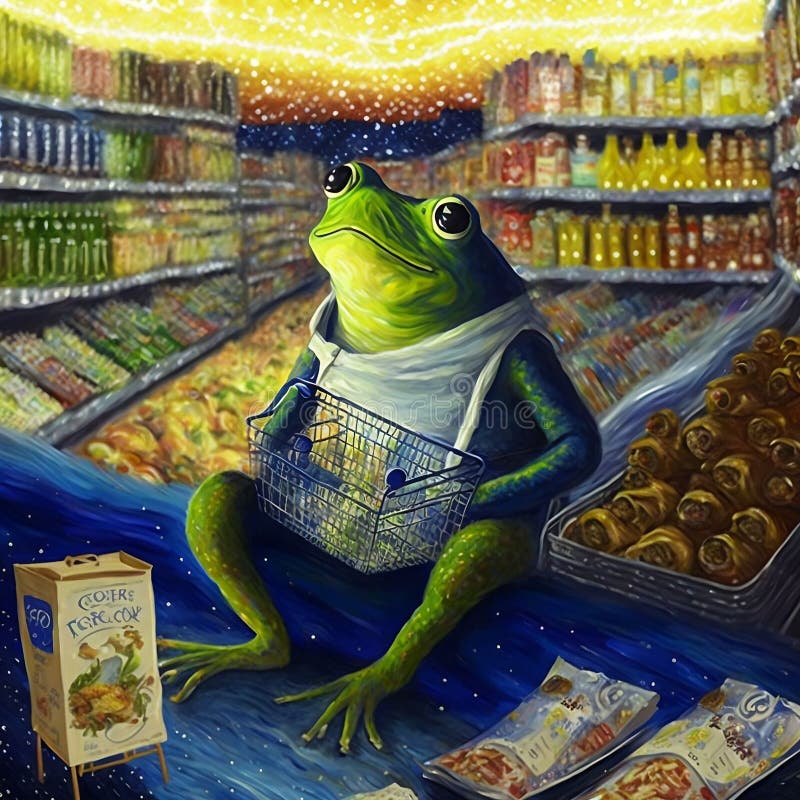 Geïllustreerde afbeelding van een kikker in een supermarkt royalty-vrije illustratie