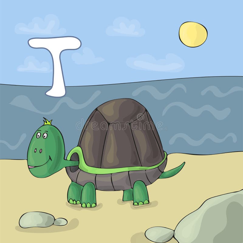 Geïllustreerde alfabetbrief T en Schildpad ABC-het vectorbeeldverhaal van het boekbeeld Schildpad op het strand door het overzees stock illustratie Geïllustreerde alfabetbrief T en Schildpad ABC-het vectorbeeldverhaal van het boekbeeld Schildpad op het strand door het overzees stock illustratie