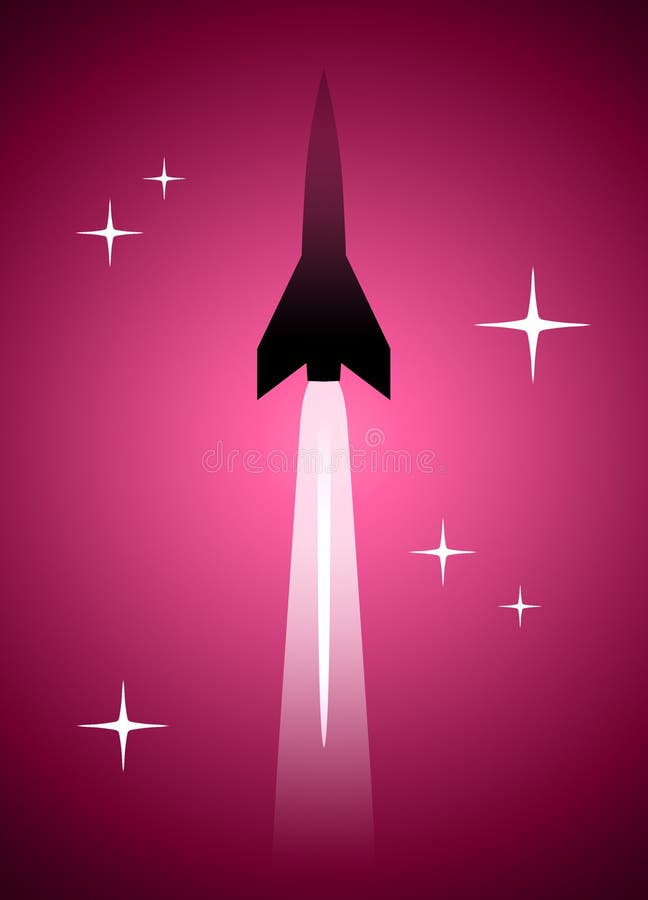 Illustrated rocket in a pink universe with stars. Illustrated rocket in a pink universe with stars