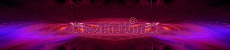 Beautiful abstract intertwined 3d fibers forming an ornament out of various symmetrical shapes. Purple, red, and blue colors. Black background. Banner size. Illustration. Beautiful abstract intertwined 3d fibers forming an ornament out of various symmetrical shapes. Purple, red, and blue colors. Black background. Banner size. Illustration