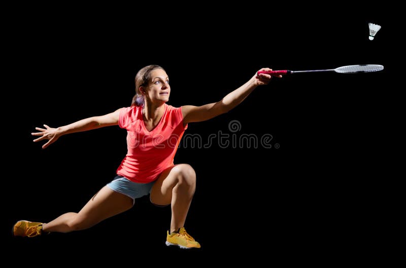 Geïsoleerd de spelerhoogtepunt van het vrouwenbadminton ver stock foto's Geïsoleerd de spelerhoogtepunt van het vrouwenbadminton ver stock foto's