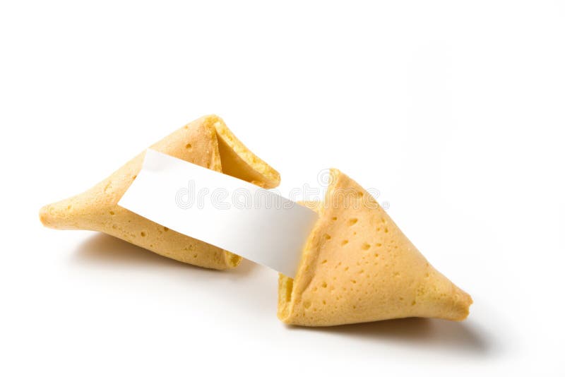 A broken fortune cookie isolated on white with blank message strip. A broken fortune cookie isolated on white with blank message strip