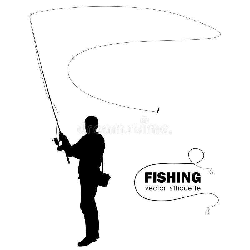 Geïsoleerd silhouet van visser De visser werpt het spinnen vector illustratie Geïsoleerd silhouet van visser De visser werpt het spinnen vector illustratie