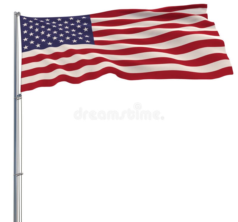 Geïsoleerde grote doek in de kleuren van de V.S. op een vlaggestok die in de wind op een witte achtergrond fladderen