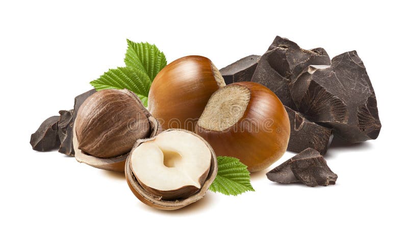 4 hazelnoten en gebroken pure chocolade geïsoleerd stock foto's