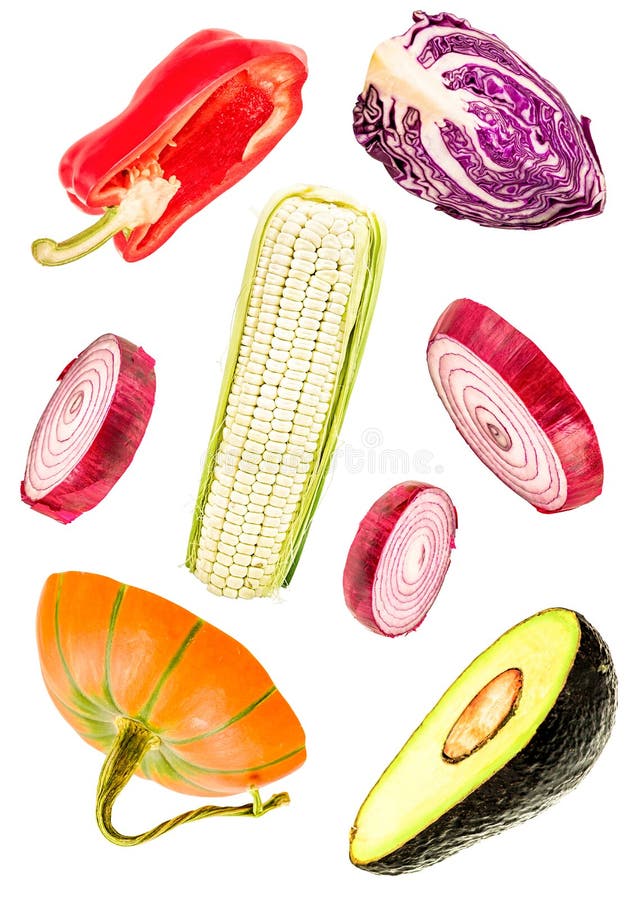 Geïsoleerde plakken van groenten het vallen sneed uien, pompoen, graan, avocado, groene paprika en rode kool stock illustratie Geïsoleerde plakken van groenten het vallen sneed uien, pompoen, graan, avocado, groene paprika en rode kool stock illustratie