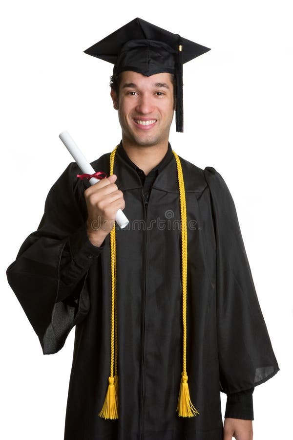 Isolated male graduate holding diploma. Isolated male graduate holding diploma