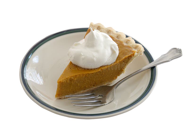 A slice of pumpkin pie on a plate with whipped cream and a fork, isolated. A slice of pumpkin pie on a plate with whipped cream and a fork, isolated.