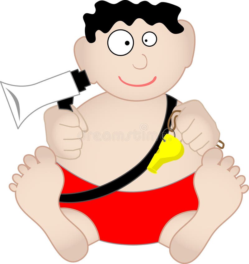 Lifeguard sits holding a bullhorn and whistle isolated - Vector. Lifeguard sits holding a bullhorn and whistle isolated - Vector