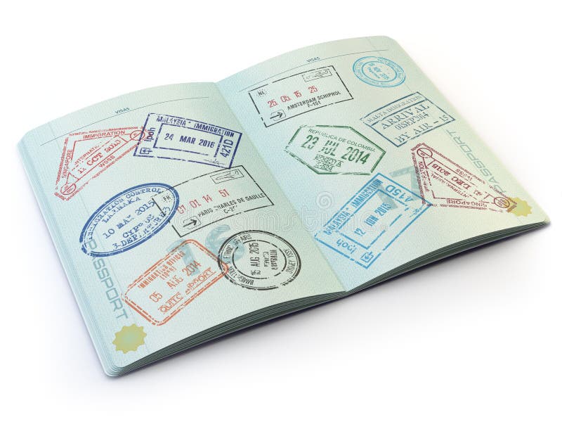Geöffneter Pass mit Sichtvermerken auf den Seiten lokalisiert auf Weiß
