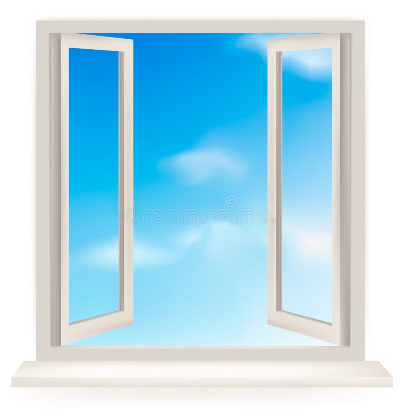 Geöffnetes Fenster gegen eine weiße Wand und den Himmel lizenzfreie abbildung Geöffnetes Fenster gegen eine weiße Wand und den Himmel lizenzfreie abbildung