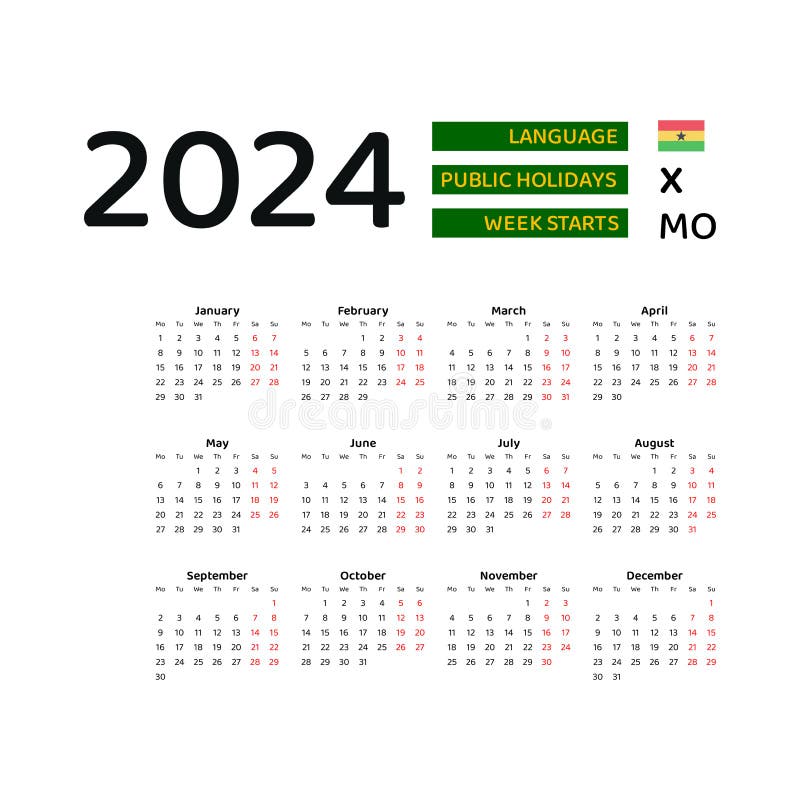 Ghana Calendar 2024. Week Starts from Monday. Vector Graphic Design