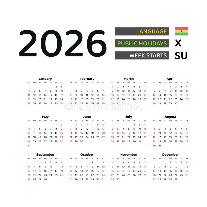Ghana Calendar 2026. Week Starts from Sunday. Vector Graphic Design