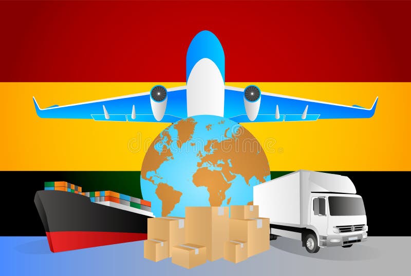 Ghana logistics concept illustration. National flag of Ghana from the back of globe, airplane, truck and cargo container ship