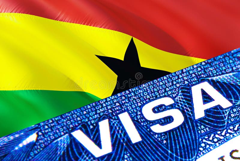 Ghana visa document close up. Passport visa on Ghana flag. Ghana visitor visa in passport,3D rendering. Ghana multi entrance in royalty free illustration