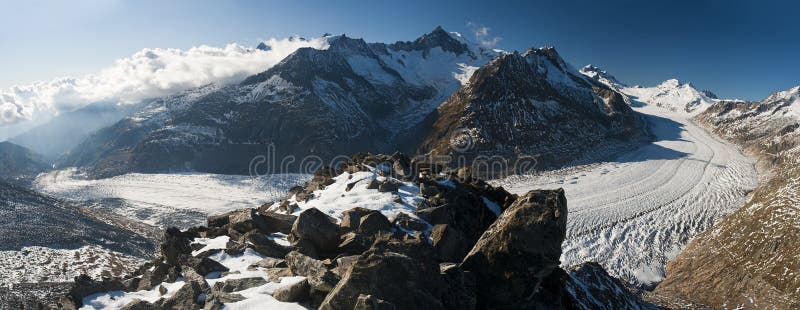 Aletsch glacier seen from Eggishorn peak in the Swiss alps. Aletsch glacier seen from Eggishorn peak in the Swiss alps.