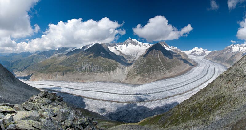 View from Eggishorn Mountain of the Aletsch Glacier in the Jungfrau-Aletsch Protected Area, a UNESCO World Heritage Site in Switzerland. View from Eggishorn Mountain of the Aletsch Glacier in the Jungfrau-Aletsch Protected Area, a UNESCO World Heritage Site in Switzerland.