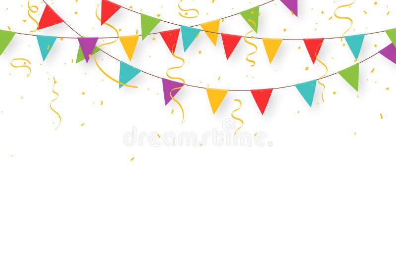 Ghirlanda di carnevale con le bandiere, i coriandoli ed i nastri Stendardi variopinti decorativi del partito per la celebrazione illustrazione di stock