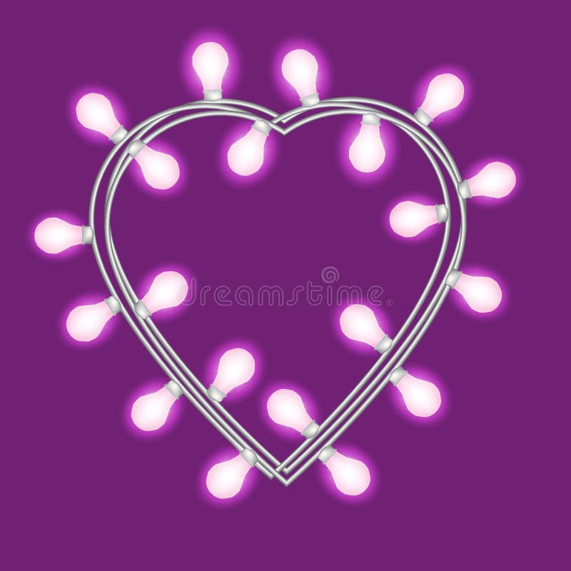 Ghirlanda nella forma di cuore con le luci d'ardore isolate su fondo viola Elemento di progettazione di vettore per le carte di f illustrazione di stock Ghirlanda nella forma di cuore con le luci d'ardore isolate su fondo viola Elemento di progettazione di vettore per le carte di f illustrazione di stock