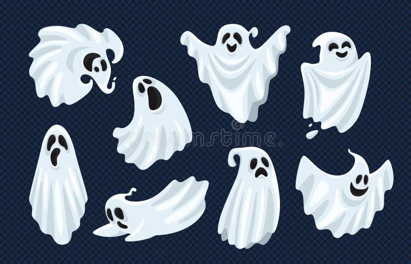 Ghost character. Halloween scary ghostly monster, dead boo spook and spooky fly anima isolated cartoon vector set vector illustration Ghost character. Halloween scary ghostly monster, dead boo spook and spooky fly anima isolated cartoon vector set vector illustration